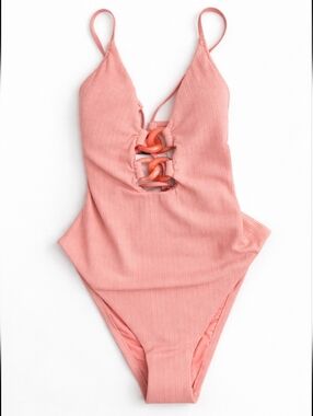 Sanctuary One Piece Swimsuit Large Coral Cutout Ring Detail Ribbed Summer Staple